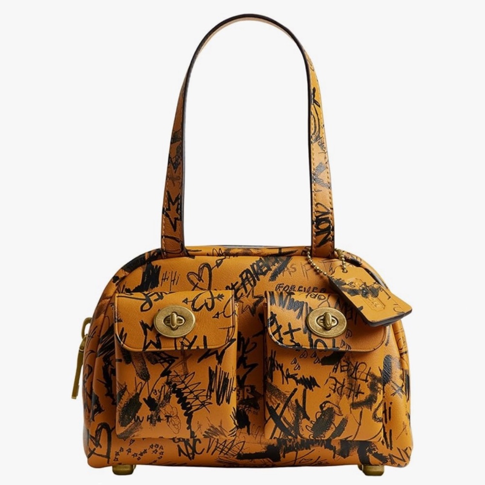 Coach Twin Turnlock Bag 20 in Graffiti Print Ochre Multi Glovetanned Leather NWT